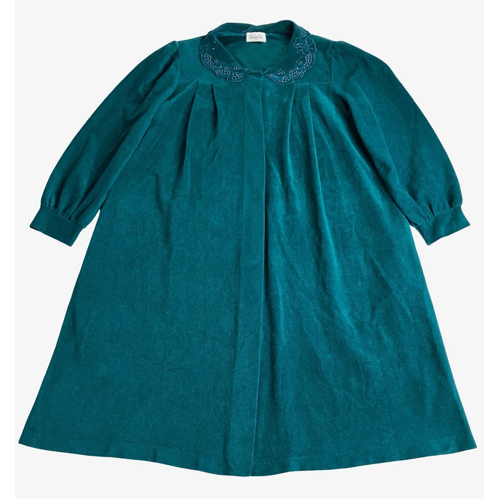 Vintage Vanity Fair House Coat Robe Medium Green Snap Front Scalloped Collar USA